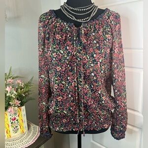 Decree Navy Blue Maroon Green Sheer Elastic‎ Hem Floral Peasant Blouse Sz M Boho